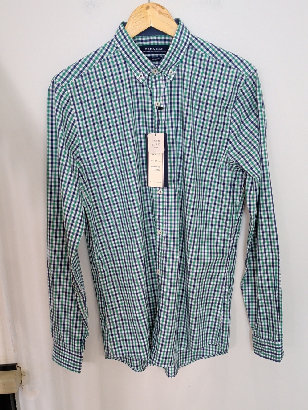 ZARA | Men's Green/Navy Gingham Checkered Long Sleeved Button Down Shirt